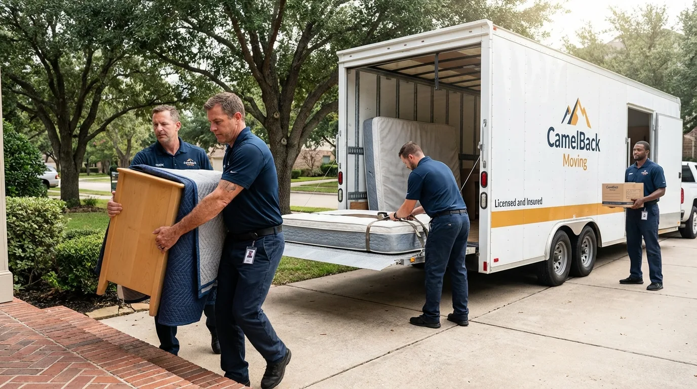 Crew loading residential truck for cross-state move from Rocklin, CA