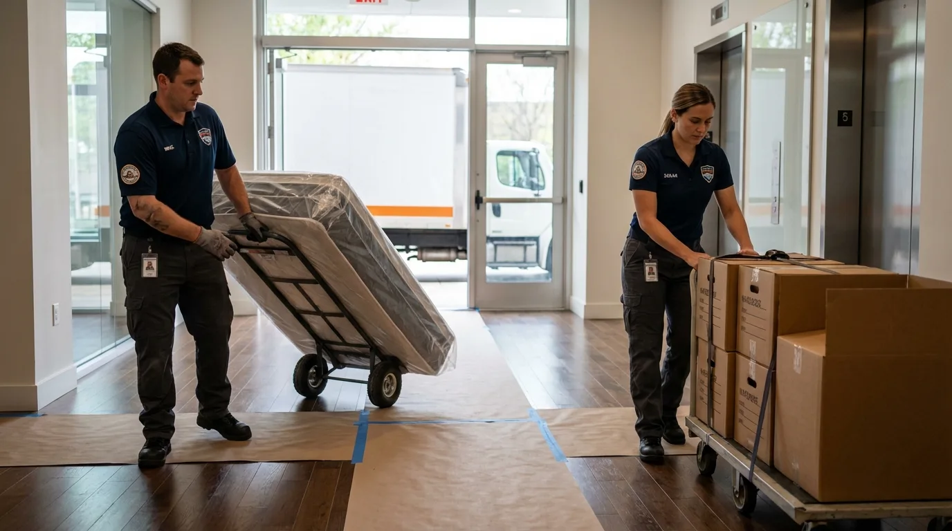 Professional apartment movers loading elevator in Rocklin, CA